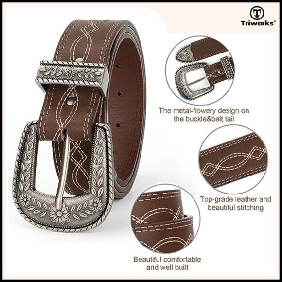 Vintage Western Leather Belt Engraved Floral Buckle Adjustable Waist Belt - Picture 5 of 7